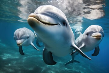 A group of dolphins swimming under the sea. Aquatic animals.