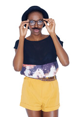 Portrait, black woman in glasses and funny mustache for fashion isolated on a transparent png background. Fake, paper beard hair and young person with party props on lips, carnival mask or Photobooth