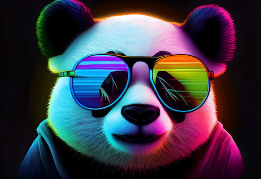Baby Panda Looking Adorably in Front. Cool panda with glasses, illustration for social networks or magazine, close-up picture of a panda. A lot of colors
