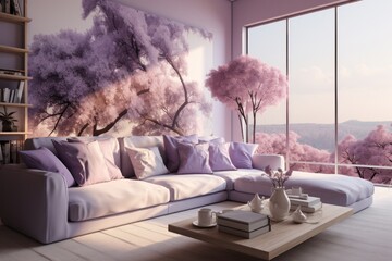 Modern living room design style filled with alluring purple tones.