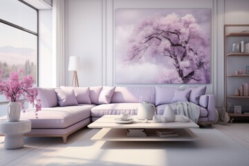 Modern living room design style filled with alluring purple tones.