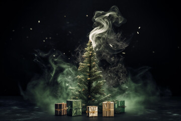 Photo of Christmas tree in dark with gold boxes