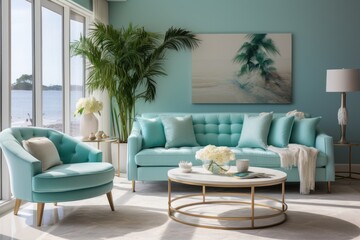 A living room design style filled with the modern charm of turquoise tones.