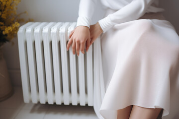 Photo of female hand on white heater - obrazy, fototapety, plakaty