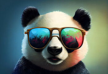 Baby Panda Looking Adorably in Front. Cool panda with glasses, illustration for social networks or magazine, close-up picture of a panda. A lot of colors
