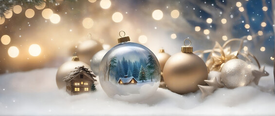 ai generative, christmas winter background in a shiny Christmas ball ornament decoration
