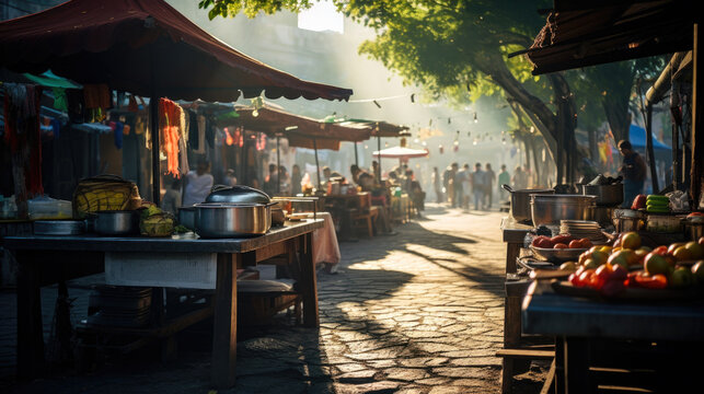 A serene early morning of a Mexican street food market setting up