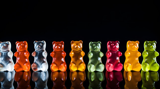 Row of sweet gummy bears painted in different colors isolated on black background