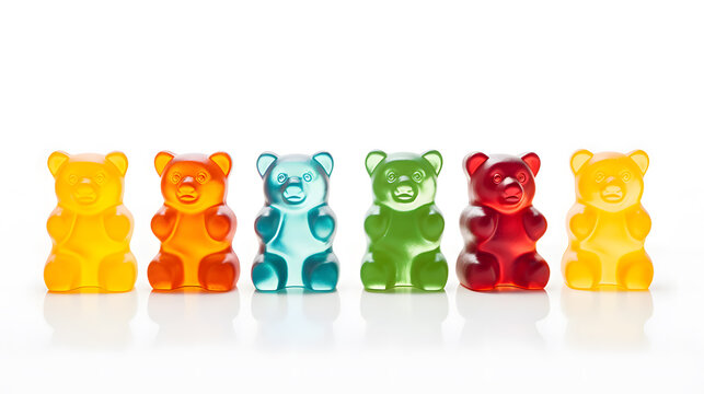 Row of sweet gummy bears painted in different colors isolated on white background