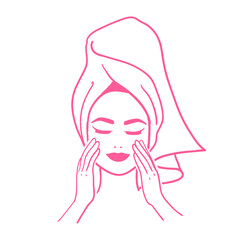 Woman wearing hair towel making her beauty routine. Line art vector illustration in pink colors