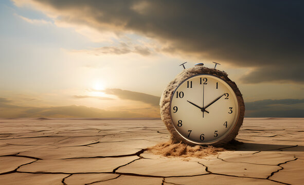 Clock on cracked earth in a desert landscape. Symbolizing urgency to stop climate change.