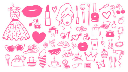 Vector illustration collection of beauty and fashion isolated doodles in pink colors