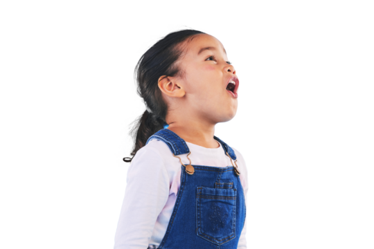 Shock, wow and girl child screaming or shouting isolated on a transparent PNG background. Face of young female person, youth or kid model yelling in omg, surprise or expression, announcement or alert