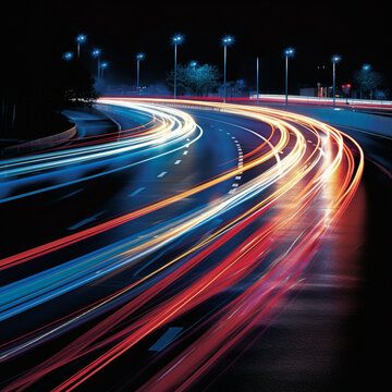 Fondo con detalle de carreteras nocturnas con lineas de luces de colores como simbolo de velocidad