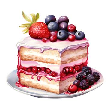 Cake with berries, cream watercolor illustration isolated on white background