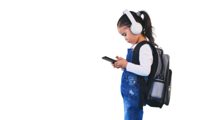 Child, phone and backpack for school, headphones and learning or tech, streaming podcast and class. Female person, girl and kindergarten or app, education and isolated on transparent png background