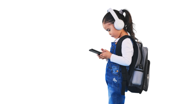 Child, phone and backpack for school, headphones and learning or tech, streaming podcast and class. Female person, girl and kindergarten or app, education and isolated on transparent png background