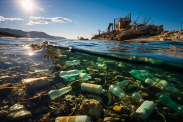 plastic and bottles under water, environmental pollution