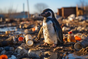 Penguin on the shore among garbage, environmental pollution