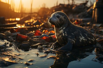 Seal dirty in oil on the shore among garbage, environmental pollution - obrazy, fototapety, plakaty