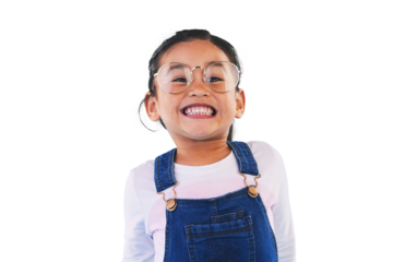 Child, glasses and happy for eye health, optometry and portrait or isolated on transparent png background. Female person, wellness and trust for frame, vision and positive or joy, fashion and excited