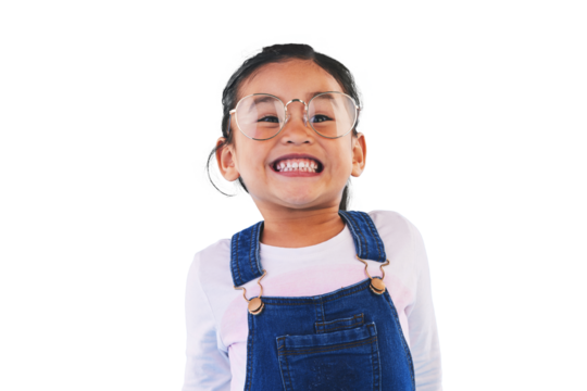 Child, glasses and happy for eye health, optometry and portrait or isolated on transparent png background. Female person, wellness and trust for frame, vision and positive or joy, fashion and excited