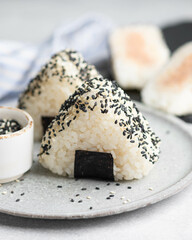 Onigiri, rice balls, traditional japanese dish, selective focus