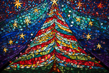 stained glass window mosaic with Christmas theme,Christmas tree, festive, shiny Christmas vibes