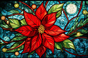 stained glass window mosaic with Christmas theme, poinsettia, festive, shiny Christmas vibes