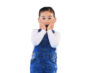 Shocked, portrait and girl surprise with hands to face in studio with fear and scared from danger. Omg, isolated on transparent png background and young from Hawaii, scary and wow for emoji and kid