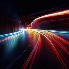 Fototapeta na wymiar Fotografia con detalle de carretera en tunel, con luces veloces de varios colores en transito