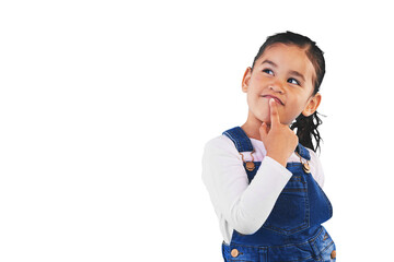 Thinking, kid and girl with idea, decision and problem solving isolated on png transparent background. Happy, child or model with doubt, planning or inspiration and questions, remember or opportunity