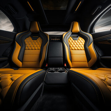 Fotografia con detalle de asientos traseros en vehiculo de lujo deportivo, con tapiceria en cuero de color amarillo y gris oscuro