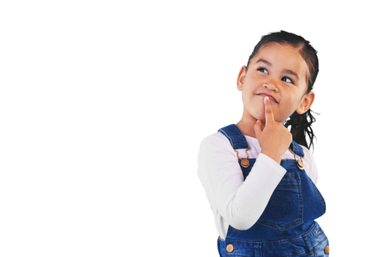 Thinking, kid and girl with idea, decision and problem solving isolated on png transparent background. Happy, child or model with doubt, planning or inspiration and questions, remember or opportunity