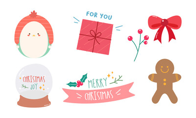 Cute Hand Drawn Colorful Christmas Doodles,  Set of Christmas Elements Collection in Doodle Style
