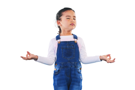 Girl child, zen and meditation for peace with eyes closed isolated on a transparent PNG background. Female kid, mindfulness and balance chakra for health, breathing and yoga, energy or exercise - Powered by Adobe