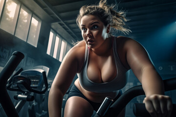 Fototapeta na wymiar Woman riding stationary bike in gym with surprised look on her face.