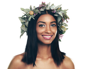 Flower, crown and portrait of happy woman with skincare, glow or aesthetic on isolated, transparent...