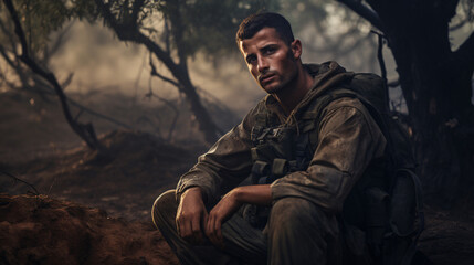 Fototapeta premium Resilient Israeli Soldier: Outdoor Portrait After Combat