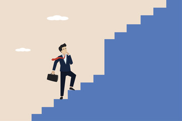 Business problems, challenges to overcome difficulties, thinking of solutions to overcome obstacles to success, businessman walking up the stairs to find a big difficult step.