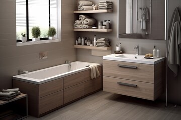 Fototapeta na wymiar Elegant and Contemporary Bathroom Design with Modern Fixtures, Spacious Layout, and Cozy Ambiance