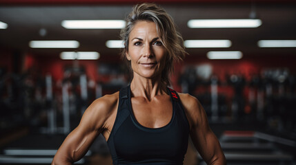 Fototapeta na wymiar Energetic Mature Woman in Gym - Wellness and Fitness Lifestyle