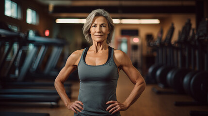 Fototapeta premium Mature Fit Woman Standing Strong in Gym - Active Lifestyle and Fitness