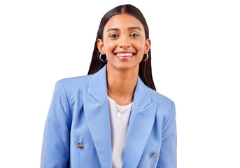 Business woman, happy and portrait for professional style, fashion suit and career pride. Smile, face or young indian employee with confident for about us or isolated on transparent png background - obrazy, fototapety, plakaty