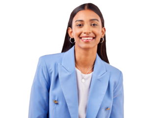 Business woman, happy and portrait for professional style, fashion suit and career pride. Smile, face or young indian employee with confident for about us or isolated on transparent png background