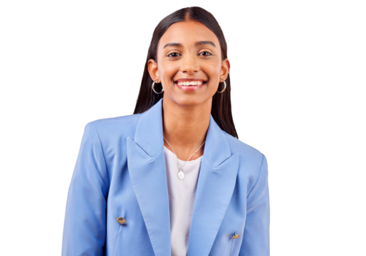 Business woman, happy and portrait for professional style, fashion suit and career pride. Smile, face or young indian employee with confident for about us or isolated on transparent png background - Powered by Adobe