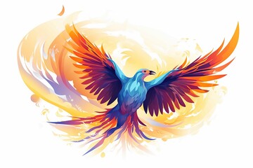 Orange, blue, purple phoenix majestic bird in the sky, flying away from fire, with long spiral tail in fire, sunlight, vector logo style