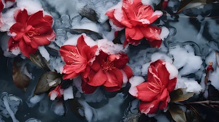 Gordijnen Frozen azalea with red leaves © Ziyan