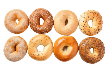 a collection of bagels isolated on a transparent background, generative ai