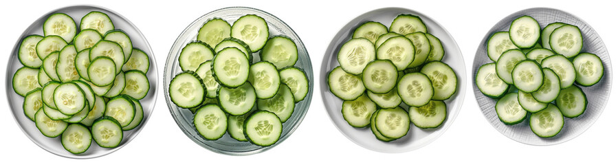 collection of four plates with cucumber slices on them, top view